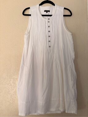 Quince White Sleeveless Textured Cotton Midi Dress with Button Placket
